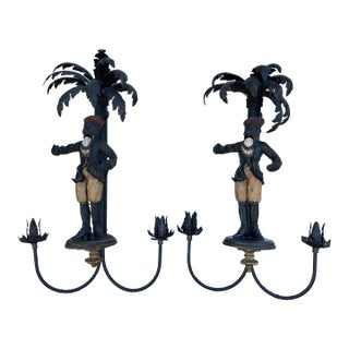 Pair of Vintage Palm Tree Monkey Tole Wall Sconces. For Sale