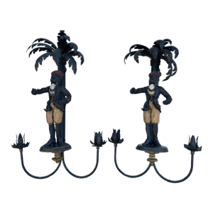 Pair of Vintage Palm Tree Monkey Tole Wall Sconces.