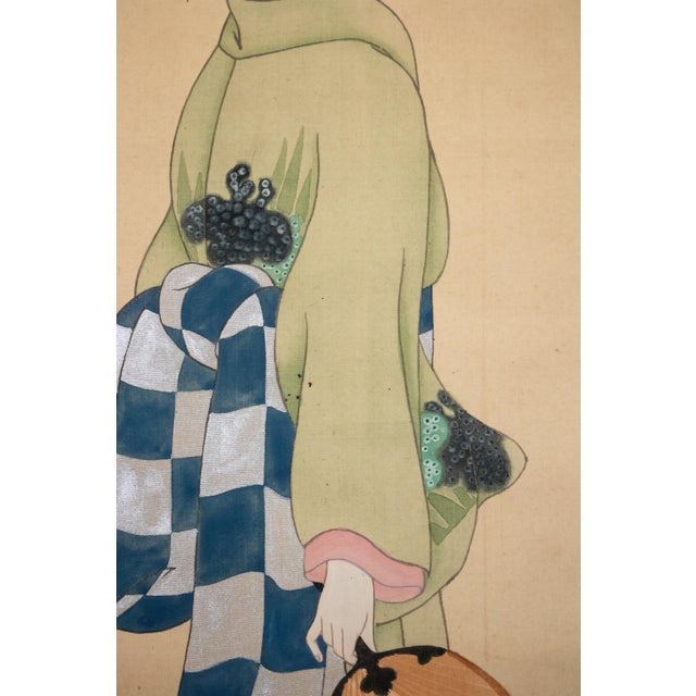 "Beauty Walking Under the Moon", Early Showa Era Japanese Silk Scroll Painting For Sale - Image 11 of 18