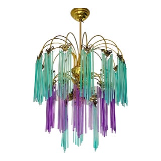 1980s One-of-a-Kind Hand-Painted Spanish Glass Rod Chandelier in Turquoise & Purple – 3 Lights For Sale
