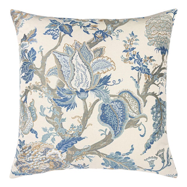 Scalamandre 24" x 24" Indienne Lampas Pillow in Federal Blue For Sale