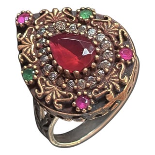Vintage Natural Ruby, Emerald and Diamond Ring - 925 Sterling Silver Size 7 For Sale