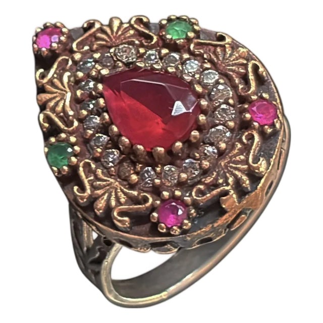 Vintage Natural Ruby, Emerald and Diamond Ring - 925 Sterling Silver Size 7 For Sale