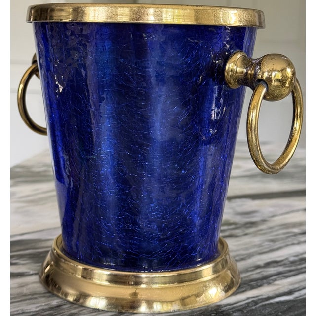 Mid 20th Century Nicole Miller Cobalt Crackle Glass & Brass Wine Chiller For Sale - Image 5 of 8