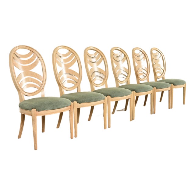 Henredon Modern Art Deco Carved Oak Dining Chairs, Set of Six For Sale