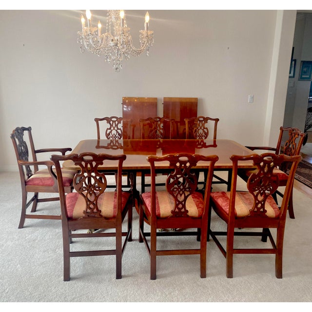 Baker Furniture Company Baker Furniture Historic Charleston Collection Georgian Banded Mahogany Double Pedestal Table and Eight Chairs Exquisite Excellent Condition For Sale - Image 4 of 18