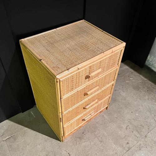 Mid Century rattan 4 drawer chest of drawers / bedside table/ night stand Cane covered drawers, side on top. 4 drawers...