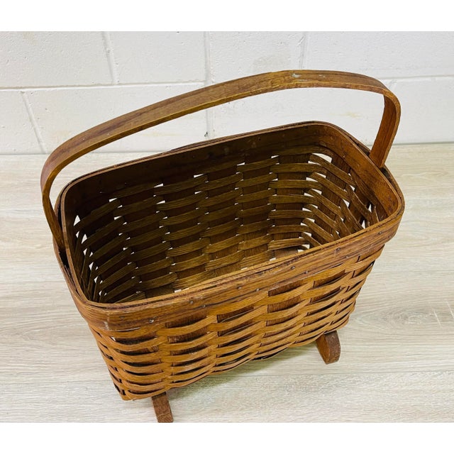 Rustic Vintage 1960s Oak Split Wood Handled Magazine Rack For Sale - Image 3 of 8