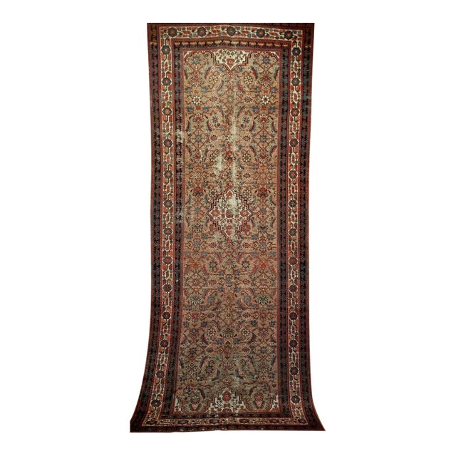 Antique Persian Serab Camel Hair Gallery Rug, Hand-Knotted Wool, Geometric Pattern, Red & Green, 5x11 For Sale