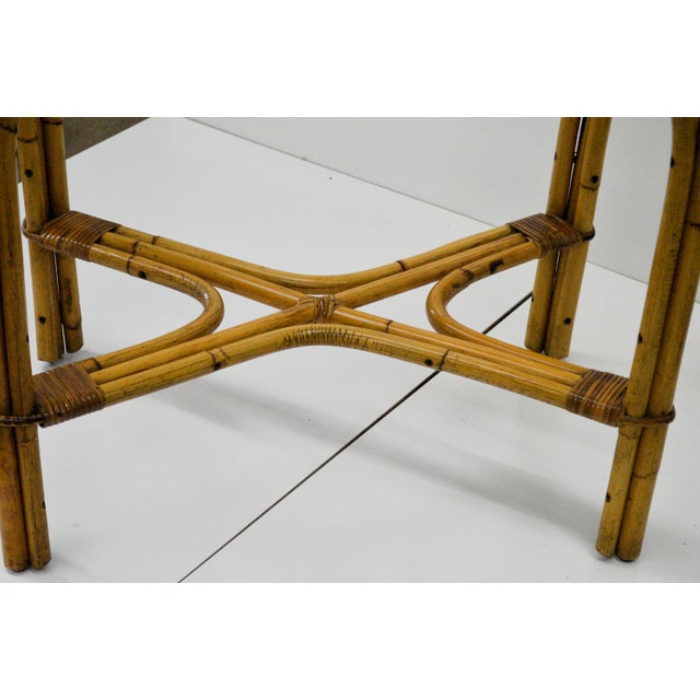 Wood 1950s Bamboo Bentwood Rattan Strand Glass Top X Base Console Accent Table For Sale - Image 7 of 11