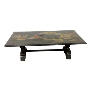 Early 20th Century Chinoiserie Black Hand-Painted, Trestle Coffee Table For Sale