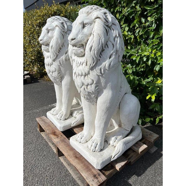 Classical Seated Lion Garden Statues in White Cast Stone, Set of 2 For Sale - Image 3 of 13