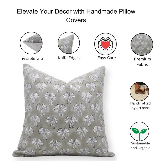 Fabdivine Handmade Block Printed Cushion Cover 14x20 Inch Thick Cotton White-Mashroom For Sale - Image 4 of 4