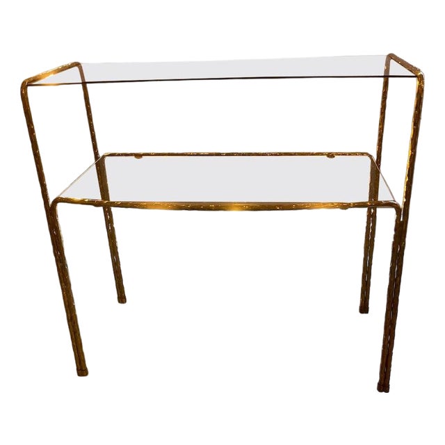 Brass and Smoked Glass Bombe Console Table, 1970s For Sale