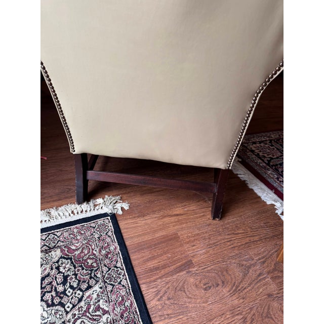 Beige VTG Classic Leather Inc Mahogany Chippendale Wingback Chair Ottoman Beige Set For Sale - Image 8 of 15