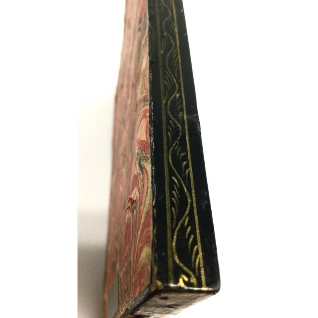 Metal Antique Kashmir Gold Vermilion Hand Painted Over Black Lacquer Mirror For Sale - Image 7 of 12