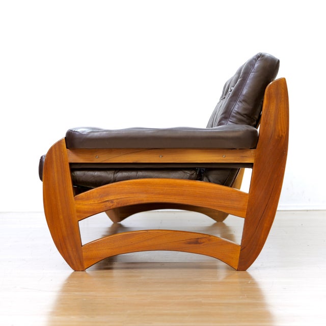 1970s Brown Leather Sofa Teak Sculptural Form For Sale - Image 12 of 15