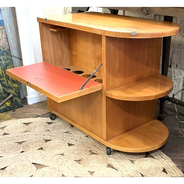 Mid-Century Modern Mid Century Art Deco Rolling Bar Cart With Drop Front and Glass Bar Storage on the Reverse. For Sale - Image 3 of 10