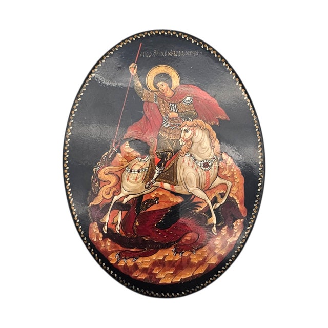Russian Hand Painted Lacquer Box Depicting St George and the Dragon, 4.5 For Sale - Image 10 of 16