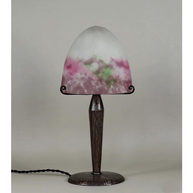 Muller frères A beautiful French art deco lamp in wrought iron around 1925-1930. The excellent forged base holds a...