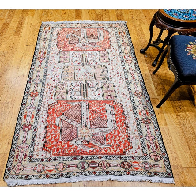 Vintage Persian Shahsavan Soumak Tribal Rug, Handwoven Wool & Silk, Geometric Pattern, Ivory & Red, 4x7 For Sale - Image 4 of 18
