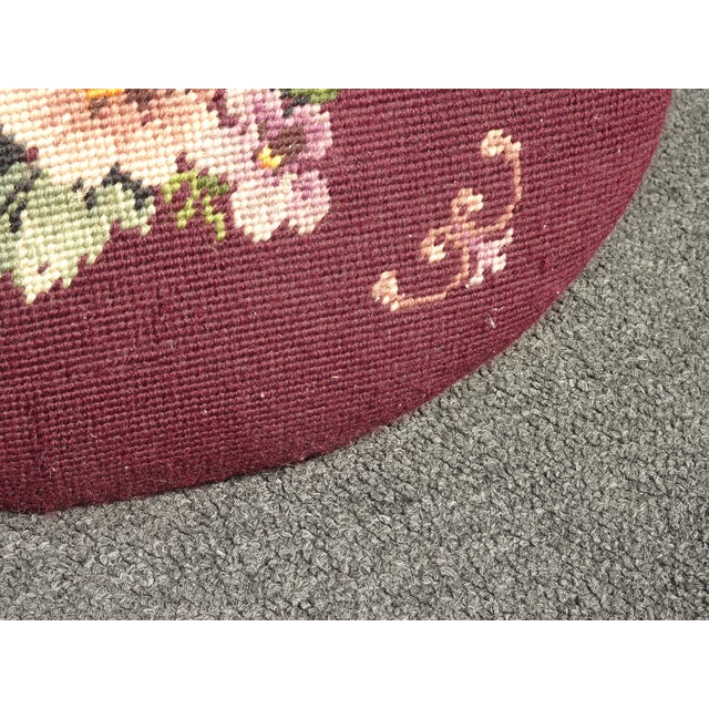 Burgundy Footstool - Vintage Victorian Style Burgundy Oval Floral Needlepoint Footstool For Sale - Image 8 of 15