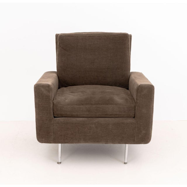 Mid-Century Modern Dark Brown Chenille Upholstered Easy Chair, on stainless steel tubular legs. 29.5" H x 30" W x 29.5" D;...