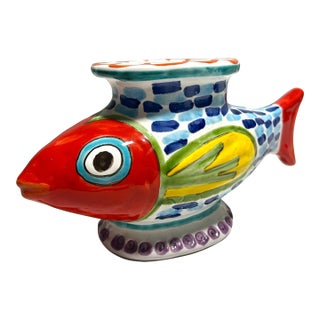 Mid 20th Century Italian Ceramic DeSimone for Vietri Hand Painted Fish Planter Vase For Sale