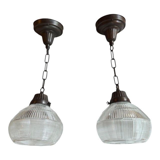 Pair of Prismatic and Ribbed Holophane Glass Pendants Circa 1920’s For Sale