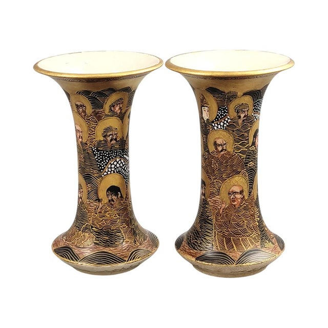 Japanese Satsuma Hododa Vases with Dragon and Rakan, Set of 2 For Sale - Image 4 of 12