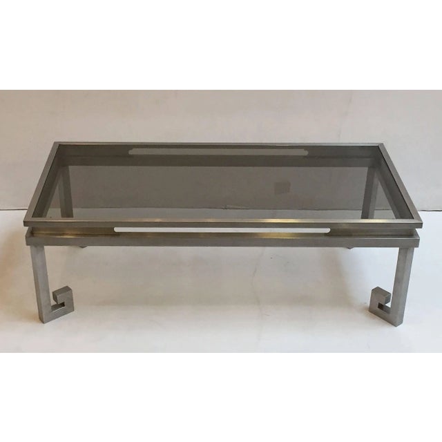 French Large French Low Cocktail or Coffee Table of Brushed Steel and Smoked Glass, Greek Key For Sale - Image 3 of 11