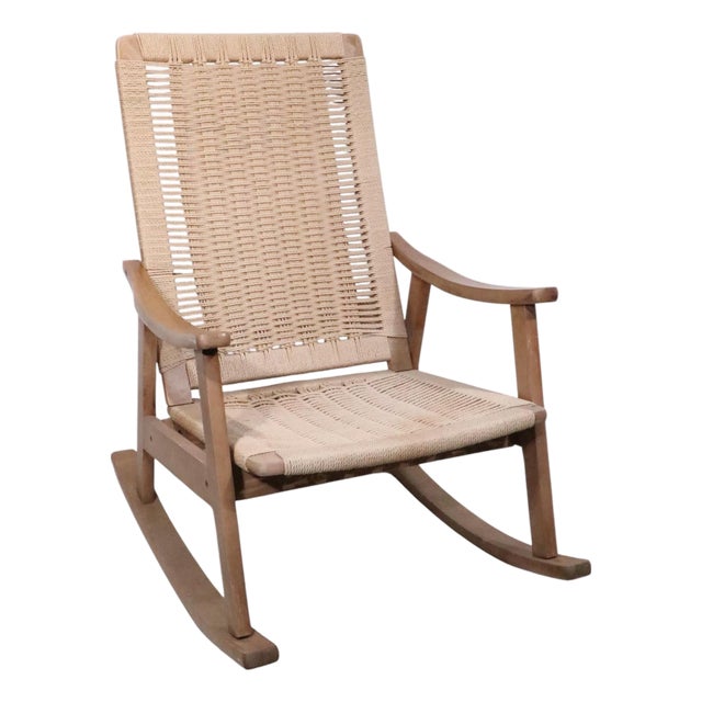 Mid Century Danish Style Rope and Wood Rocking Chair C. 1950/70's For Sale