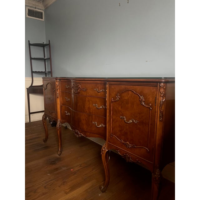 Beautiful French Provincial Style Burl Wood Large and Medium Buffet Tables For Sale In Pittsburgh - Image 6 of 7
