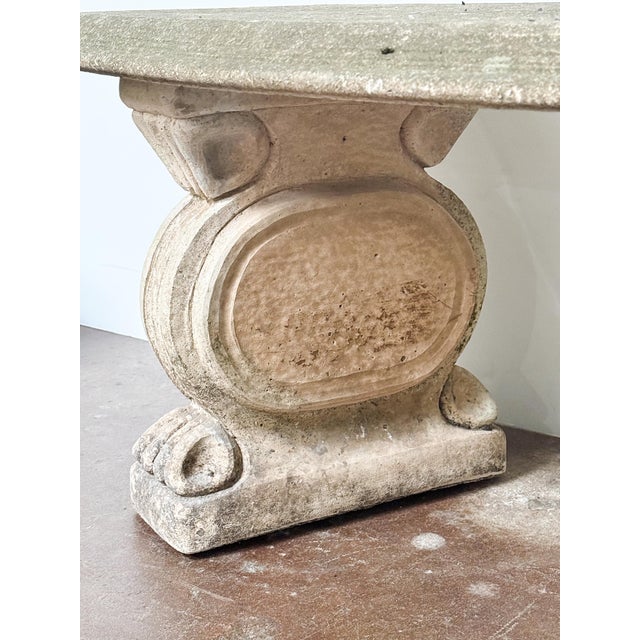 Mid 20th Century English Curved Garden Stone Bench With Scroll and Lion's Head Base Supports For Sale - Image 5 of 11