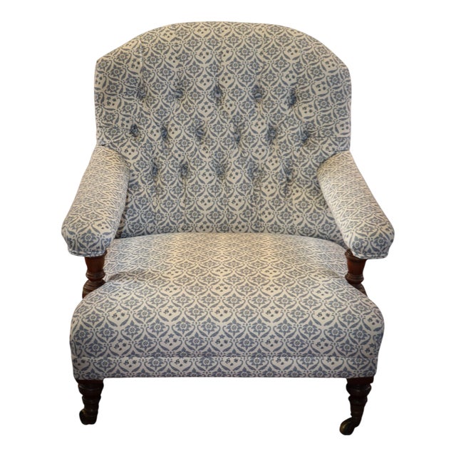 Buttoned Lounge Chair in Ticking Fabric from Howard & Sons For Sale