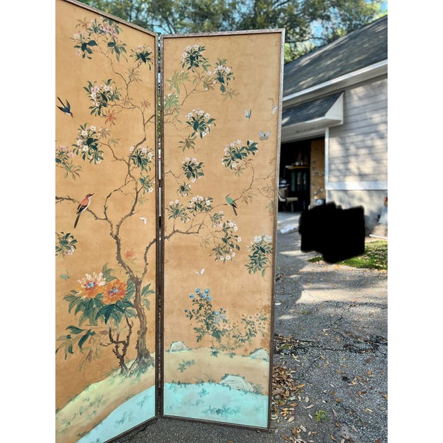 Chinese 19th Century Chinese Hand Painted Silk 6-Panel Wallpaper Floor Screen Mounted as a Pair For Sale - Image 3 of 12