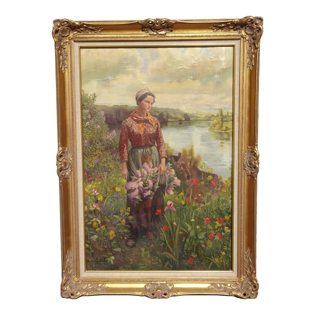 Antique French Gold Oil Painting Picture Women in Field of Flowers Ridgeway Knight For Sale