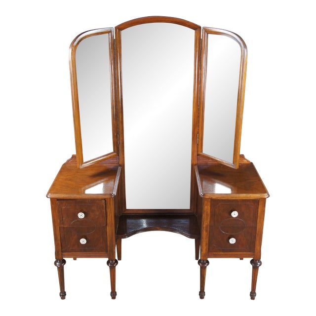 Antique Walnut Dressing Table Vanity Desk W Trifold Mirror 68" For Sale