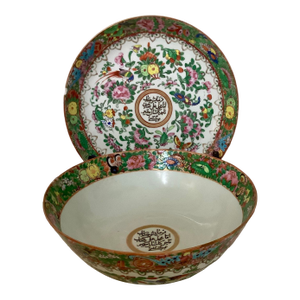Late 18th Century Calligraphy Rose Medallion Chinoiserie Bowl With Matching Plate