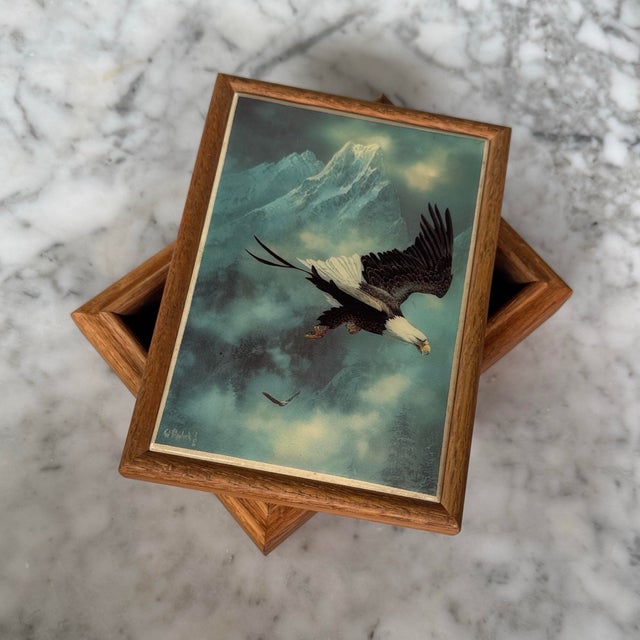 Vintage 1986 wooden jewelry / keepsake box featuring a ceramic tile top with artwork of a majestic bald eagle in flight...