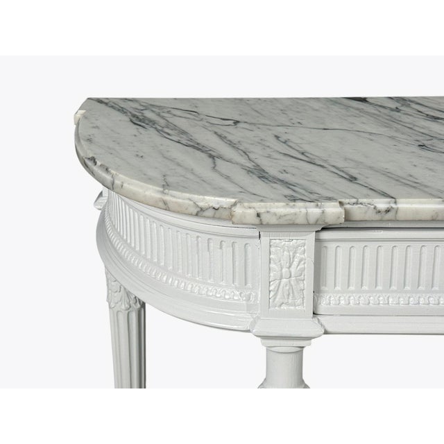 Louis XVI Style, White Demilune Console Table, Wood, Marble, France, 1960s For Sale - Image 10 of 15