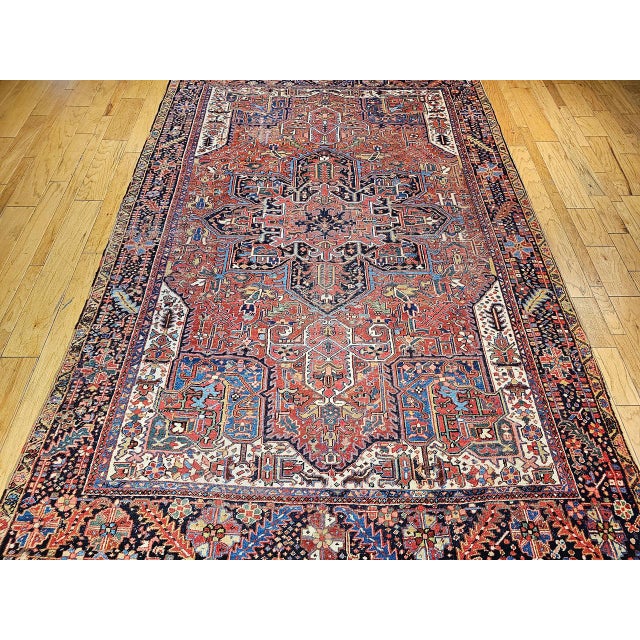 Antique Heriz Karajah Rug, Hand-Knotted Wool, Geometric Medallion Pattern, Brick-Red & Navy, 9x12 For Sale - Image 4 of 17