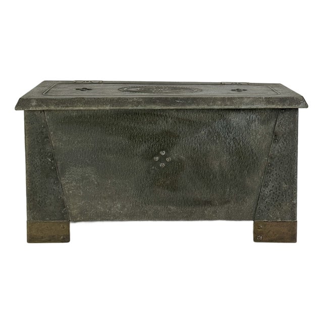 Antique Arts & Crafts Hammered Metal Storage Box With Décorative Side Handles and Details For Sale