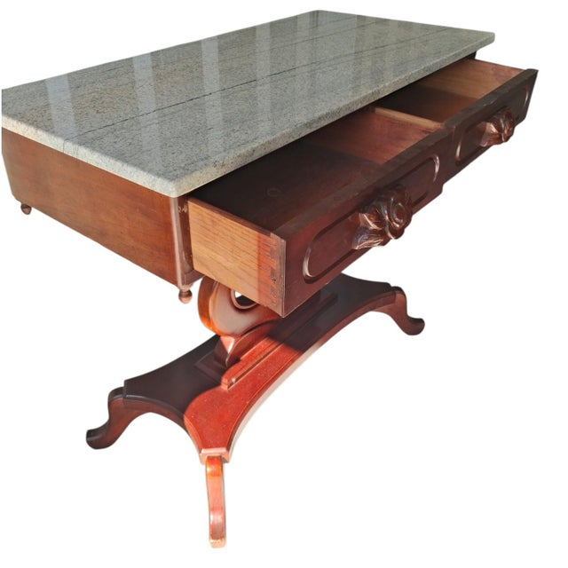 Vintage Victorian Lyre Base Foyer Console Table With Granite/Marble Top For Sale - Image 9 of 12