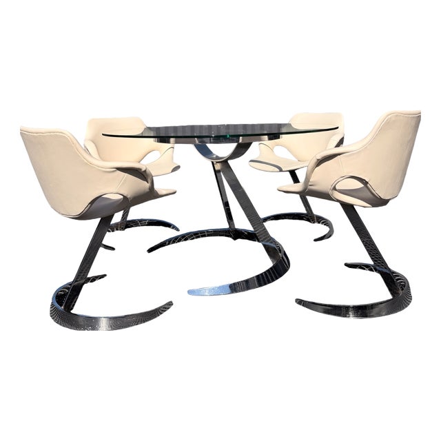 Mid-Century Modern Space Age Cantilever Dining Set in Chrome and Clear Glass attributed to Boris Tabacoff, France, 1970s, Set of 5 For Sale