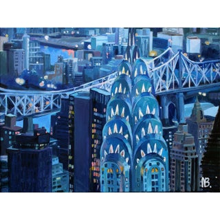 "Blues Over New York City Chrysler Building" Contemporary Acrylic Cityscape Painting by Natalia Bessonova For Sale