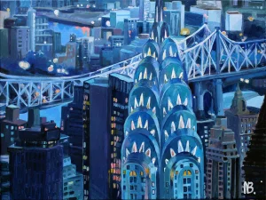 "Blues Over New York City Chrysler Building" Contemporary Acrylic Cityscape Painting by Natalia Bessonova