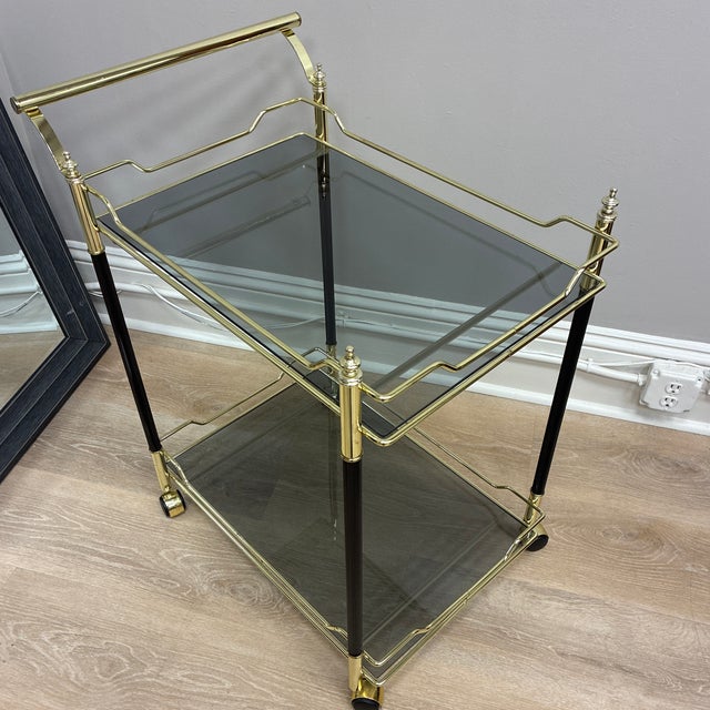 Italian Vintage Italian Steel and Brass Drink Trolley Teacart With Black Fluted Legs and Smoked Glass For Sale - Image 3 of 5