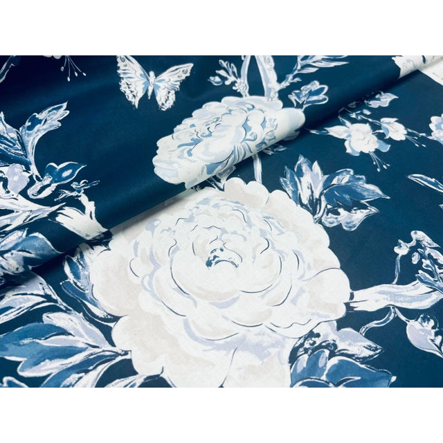 2020s 1.5 Yard Brunschwig & Fils Les Pivoines Navy Blue White Floral Cotton Drapery Fabric For Sale - Image 5 of 7