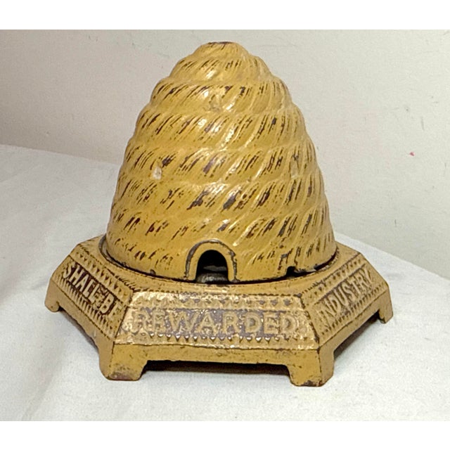 Yellow Antique Rare Early 1900's Industry Shall Be Rewarded Bee Hive Coin Still Bank For Sale - Image 8 of 13